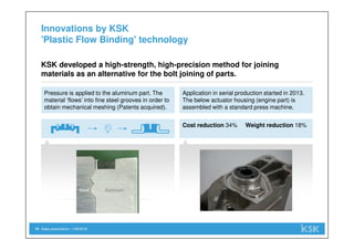Cost reduction 34% Weight reduction 18%
Sales presentation | 1/29/201813
Innovations by KSK
'Plastic Flow Binding' technology
Pressure is applied to the aluminum part. The
material ‘flows’ into fine steel grooves in order to
obtain mechanical meshing (Patents acquired).
KSK developed a high-strength, high-precision method for joining
materials as an alternative for the bolt joining of parts.
Application in serial production started in 2013.
The below actuator housing (engine part) is
assembled with a standard press machine.
Steel Aluminum
 