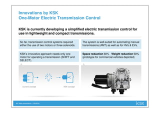 Sales presentation | 1/29/201814
Innovations by KSK
One-Motor Electric Transmission Control
So far, transmission control systems required
either the use of two motors or three solenoids.
KSK is currently developing a simplified electric transmission control for
use in lightweight and compact transmissions.
The system is well-suited for automating manual
transmissions (AMT) as well as for HVs & EVs.
KSK’s innovative approach needs only one
motor for operating a transmission (SHIFT and
SELECT).
Space reduction 60% Weight reduction 60%
(prototype for commercial vehicles depicted)
Current concept KSK concept
 