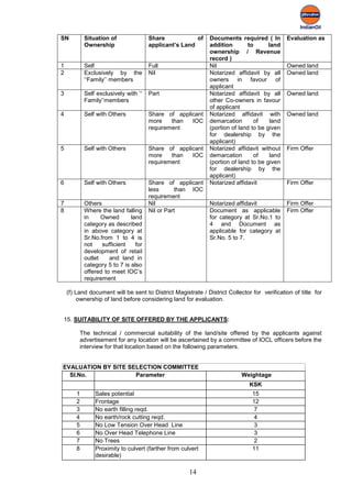 SN          Situation of               Share            of    Documents required ( In         Evaluation as
            Ownership                  applicant’s Land       addition       to       land
                                                              ownership / Revenue
                                                              record )
1           Self                       Full                   Nil                             Owned land
2           Exclusively by the         Nil                    Notarized affidavit by all      Owned land
            ‘‘Family’’ members                                owners in favour of
                                                              applicant
3           Self exclusively with ‘‘   Part                   Notarized affidavit by all      Owned land
            Family’’members                                   other Co-owners in favour
                                                              of applicant
4           Self with Others           Share of applicant     Notarized affidavit with        Owned land
                                       more    than  IOC      demarcation       of     land
                                       requirement            (portion of land to be given
                                                              for dealership by the
                                                              applicant)
5           Self with Others           Share of applicant     Notarized affidavit without     Firm Offer
                                       more    than  IOC      demarcation       of     land
                                       requirement            (portion of land to be given
                                                              for dealership by the
                                                              applicant)
6           Self with Others           Share of applicant     Notarized affidavit             Firm Offer
                                       less      than IOC
                                       requirement
7           Others                     Nil                    Notarized affidavit             Firm Offer
8           Where the land falling     Nil or Part            Document as applicable          Firm Offer
            in     Owned       land                           for category at Sr.No.1 to
            category as described                             4 and Document as
            in above category at                              applicable for category at
            Sr.No.from 1 to 4 is                              Sr.No. 5 to 7.
            not    sufficient    for
            development of retail
            outlet    and land in
            category 5 to 7 is also
            offered to meet IOC’s
            requirement

    (f) Land document will be sent to District Magistrate / District Collector for verification of title for
         ownership of land before considering land for evaluation.


15. SUITABILITY OF SITE OFFERED BY THE APPLICANTS:

         The technical / commercial suitability of the land/site offered by the applicants against
         advertisement for any location will be ascertained by a committee of IOCL officers before the
         interview for that location based on the following parameters.


EVALUATION BY SITE SELECTION COMMITTEE
  Sl.No.             Parameter                                             Weightage
                                                                              KSK
        1       Sales potential                                                15
        2       Frontage                                                       12
        3       No earth filling reqd.                                          7
        4       No earth/rock cutting reqd.                                     4
        5       No Low Tension Over Head Line                                   3
        6       No Over Head Telephone Line                                     3
        7       No Trees                                                        2
        8       Proximity to culvert (farther from culvert                     11
                desirable)

                                                      14
 