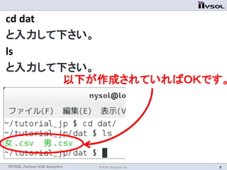 NYSOL Partner KSK Analytics © KSK Analytics Inc. 8
cd dat
と入力して下さい。
ls
と入力して下さい。
以下が作成されていればＯＫです。
 