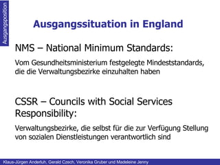 Ausgangssituation in England Ausgangsposition Klaus-Jürgen Anderluh, Gerald Czech, Veronika Gruber und Madeleine Jenny NMS – National Minimum Standards: Vom Gesundheitsministerium festgelegte Mindeststandards, die die Verwaltungsbezirke einzuhalten haben CSSR – Councils with Social Services Responsibility:   Verwaltungsbezirke, die selbst für die zur Verfügung Stellung von sozialen Dienstleistungen verantwortlich sind 
