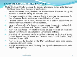 BASIS OF CHARGE: [SECTION 28 ]
Under Section 28 following are the income chargeable to tax under the head
Profits or Gains from Business or profession: ‐
1) Profits and Gains of any business or profession that is carried on by the
assessee at any time during the previous year.
2) Any compensation or other payment due to or received by an assessee for
loss of agency due to termination or modification of terms.
3) Income derived by a trade, professional or a similar association for
specific services performed for its members.
4) Any profit on sale of a license granted under Imports (controls) Order
1955 made under Imports & Exports (control) Act of 1947.
5) Any cash assistance (by whatever name called) received or receivable
against exports under any scheme of Government of India.
6) Any duty of customs or excise repaid or repayable as drawback to any
person against exports under the Customs and Central Excise Duty’s
Drawback Rules 1971.
7) Any profit on the transfer of the Duty entitlement pass book scheme
under export import policy.
8) Any profit on the transfer of the Duty free replenishment certificate under
export import policy.
Smt.Sowmya.K 27
 
