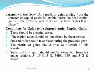 CHARGING SECTION “Any profit or gains arising from the
transfer of capital assets is taxable under the head capital
gains in the previous year in which the transfer has taken
place.”
Conditions for Gains to be charged under Capital Gains
1. There should be a capital asset.
2. The capital asset should be transferred by the assessee.
3. Such transfer should take place during the previous year.
4. The profits or gains should arise as a result of this
transfer.
5. Such profit or gain should not be exempted from tax
under sections 54, 54B, 54D, 54EC, 54F and 54G &
54GA.
Smt.Sowmya.K 31
 