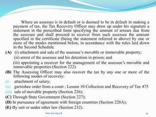 Where an assessee is in default or is deemed to be in default in making a
payment of tax, the Tax Recovery Officer may draw up under his signature a
statement in the prescribed form specifying the amount of arrears due from
the assessee and shall proceed to recover from such assessee the amount
specified in the certificate (being the statement referred to above) by one or
more of the modes mentioned below, in accordance with the rules laid down
in the Second Schedule.
(A) (i) attachment and sale of the assessee’s movable or immovable property;
(ii) arrest of the assessee and his detention in prison; and
(iii) appointing a receiver for the management of the assessee’s movable and
immovable properties (Section 222).
(B) The Assessing Officer may also recover the tax by any one or more of the
following modes of recovery:
(i) attachment of salary;
(ii) garnishee order from a court ; Lesson 10 Collection and Recovery of Tax 475
(iii) sale of movable property (Section 226);
(C) Through State Government (Section 227);
(D) In pursuance of agreement with foreign countries (Section 228A);
(E) By suit or under other law (Section 232).
Smt.Sowmya.K 52
 