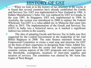 HISTORY OF GST
 When we look in to the history of tax structure in the world, it
is found that several countries have already established the Goods
and Services Tax. GST was implemented in New Zealand in 1986. A
hidden Manufacturer’s Sales Tax was replaced by GST in Canada, in
the year 1991. In Singapore, GST was implemented in 1994. In
Australia, the system was introduced in 2000 to replace the Federal
Wholesale Tax.GST is a value-added tax in Malaysia that came into
effect in 2015. The implementation of the Goods and Services Tax
(GST) in India was a historical move, as it marked a significant
indirect tax reform in the country.
 The idea of adopting Goods and Service Tax in India was first
suggested by the Central Government in the leadership of Sri Atal
Bihari Bajpayee in 2000. The state finance ministers formed an
Empowered Committee to create a road map and structure for GST
on the basis of their experience in designing State Value Added Tax.
The representatives from the centre and states were requested to
examine various aspects of the GST proposals and create report on
the thresholds, exemptions, taxations of inter-state supplies and
taxation of services. The committee was chaired by Mr Asim Das
Gupta of West Bengal.
Smt.Sowmya.K 4
 