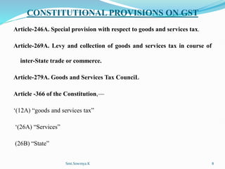 CONSTITUTIONAL PROVISIONS ON GST
Article-246A. Special provision with respect to goods and services tax.
Article-269A. Levy and collection of goods and services tax in course of
inter-State trade or commerce.
Article-279A. Goods and Services Tax CounciL
Article -366 of the Constitution,—
‘(12A) “goods and services tax”
‘(26A) “Services”
(26B) “State”
Smt.Sowmya.K 8
 