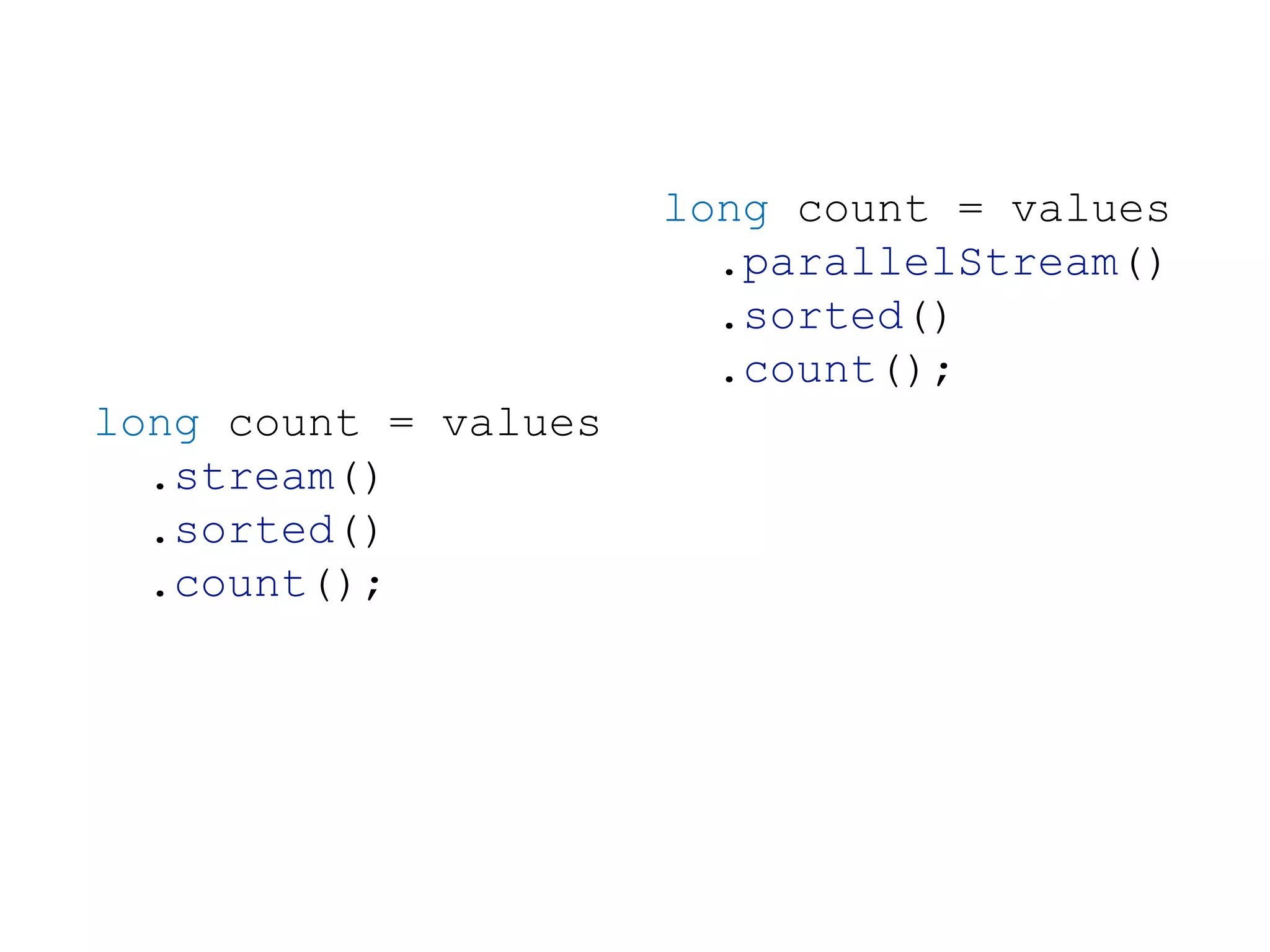 long count = values
.stream()
.sorted()
.count();
long count = values
.parallelStream()
.sorted()
.count();
 