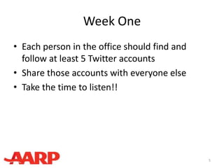 Week One
• Each person in the office should find and
follow at least 5 Twitter accounts
• Share those accounts with everyone else
• Take the time to listen!!
5
 