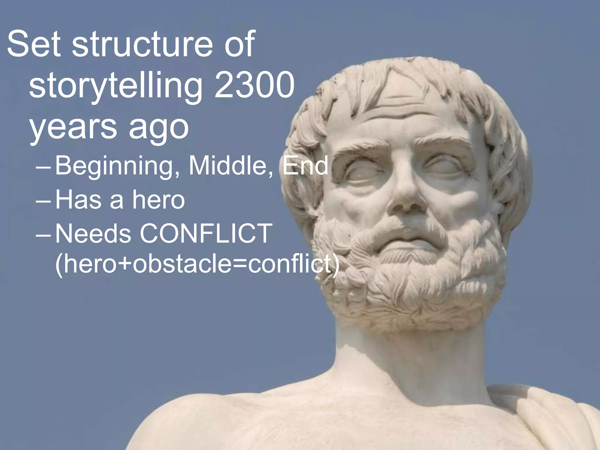 Set structure of storytelling 2300 years ago Beginning, Middle, End Has a hero Needs CONFLICT (hero+obstacle=conflict) ‏ 