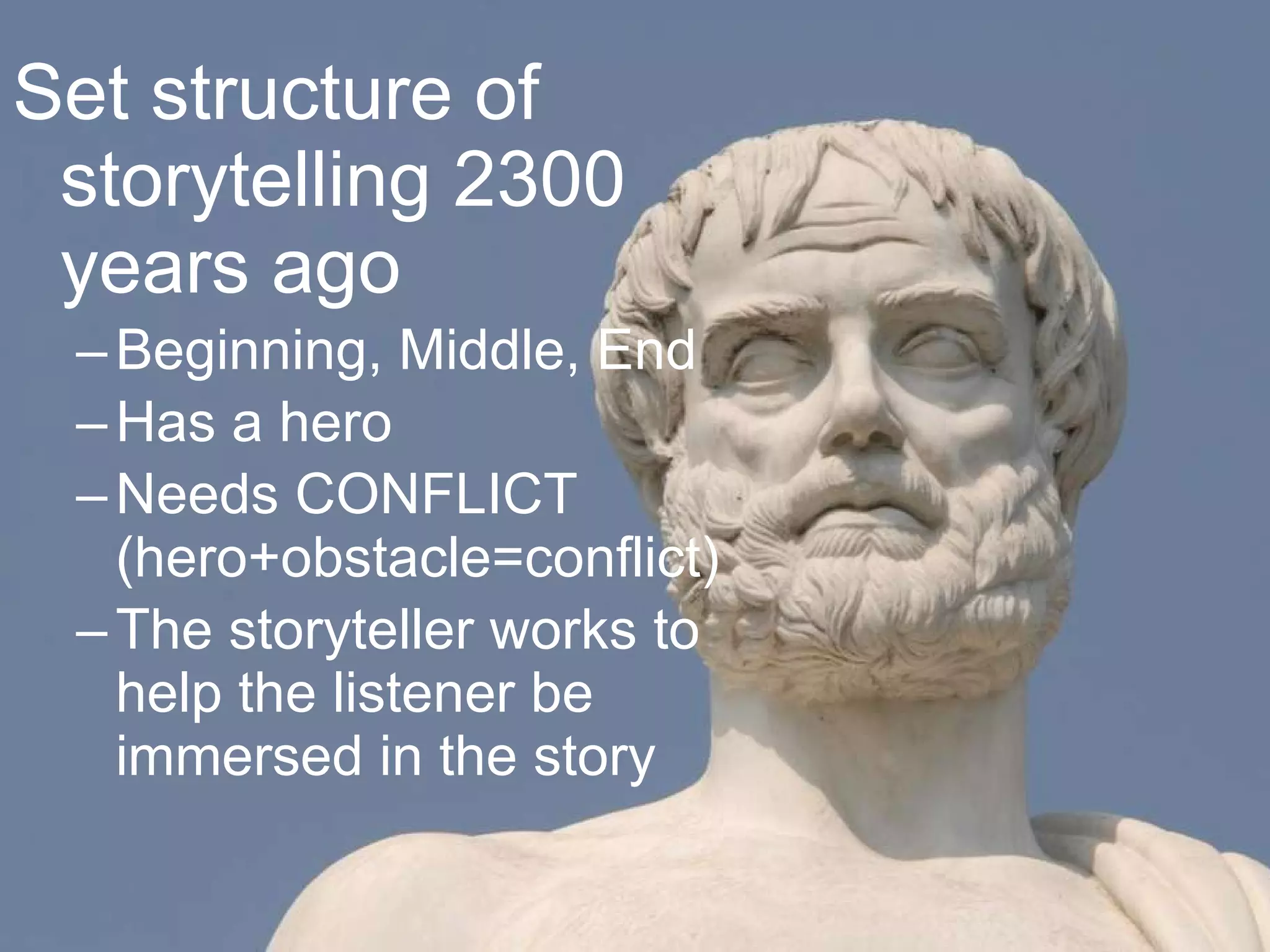 Set structure of storytelling 2300 years ago Beginning, Middle, End Has a hero Needs CONFLICT (hero+obstacle=conflict) ‏ The storyteller works to help the listener be immersed in the story 
