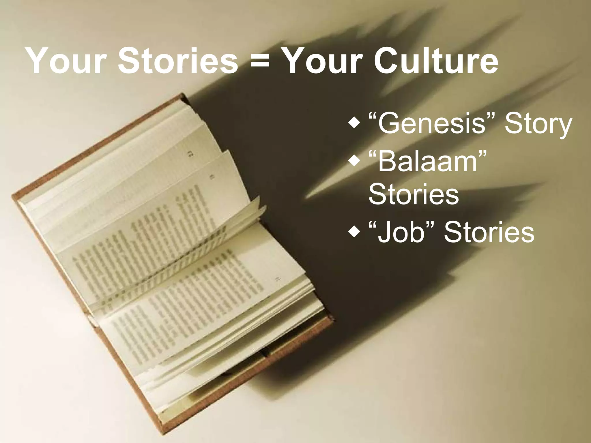 Your Stories = Your Culture “ Genesis” Story “ Balaam” Stories  “ Job” Stories  