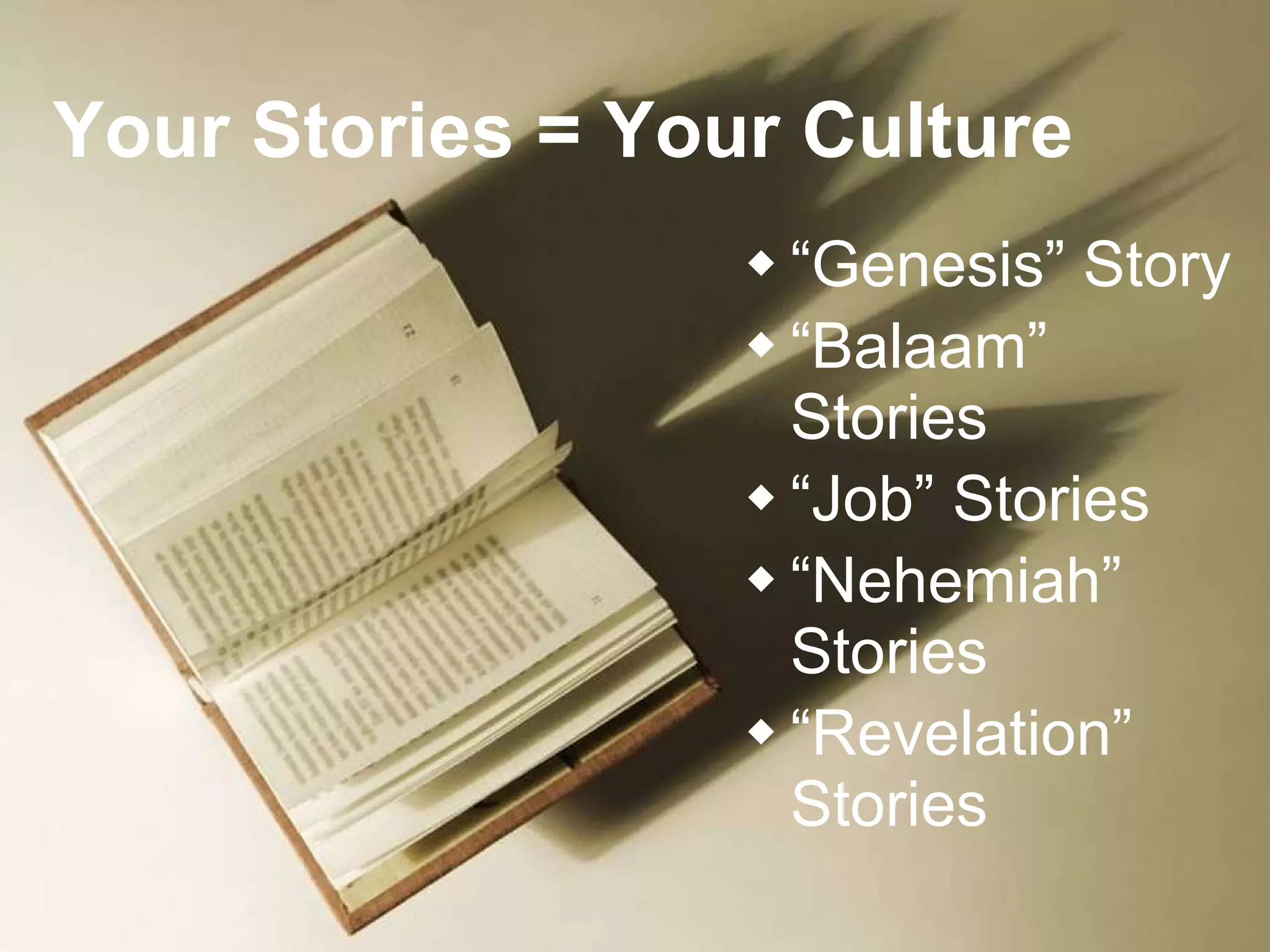 Your Stories = Your Culture “ Genesis” Story “ Balaam” Stories  “ Job” Stories  “ Nehemiah” Stories “ Revelation” Stories 