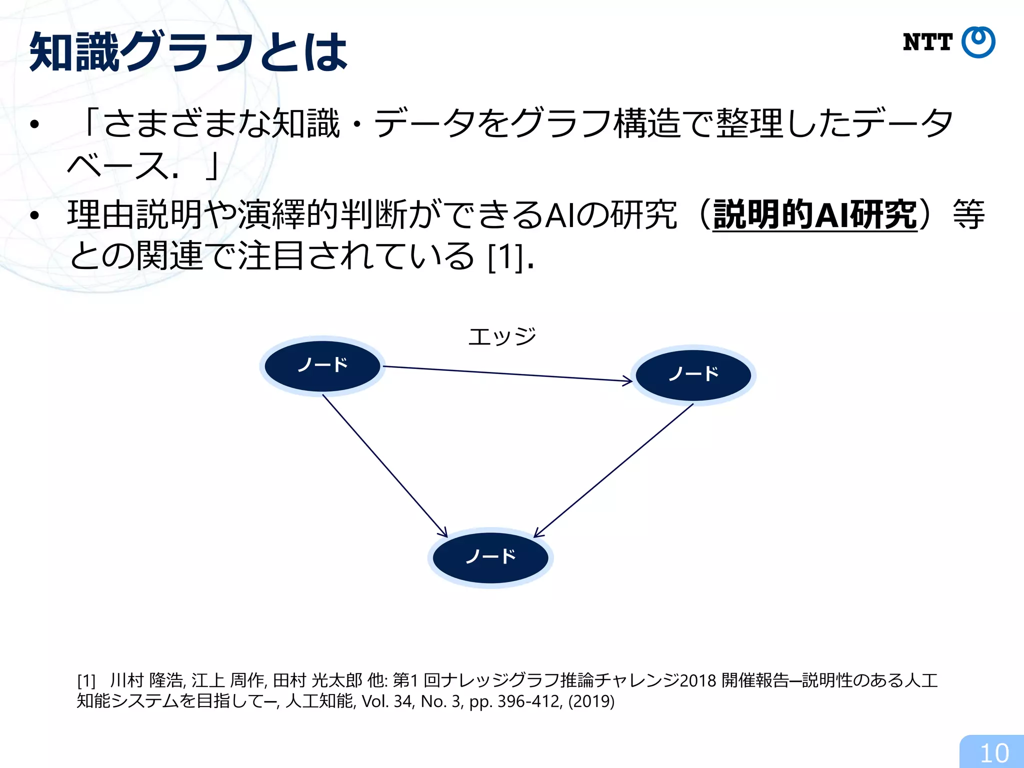 • 「さまざまな知識・データをグラフ構造で整理したデータ
ベース．」
• 理由説明や演繹的判断ができるAIの研究（説明的AI研究）等
との関連で注目されている [1]．
知識グラフとは
ノード
ノード
エッジ
ノード
[1] 川村 隆浩, 江上 周作, 田村 光太郎 他: 第1 回ナレッジグラフ推論チャレンジ2018 開催報告─説明性のある人工
知能システムを目指して─, 人工知能, Vol. 34, No. 3, pp. 396-412, (2019)
10
 