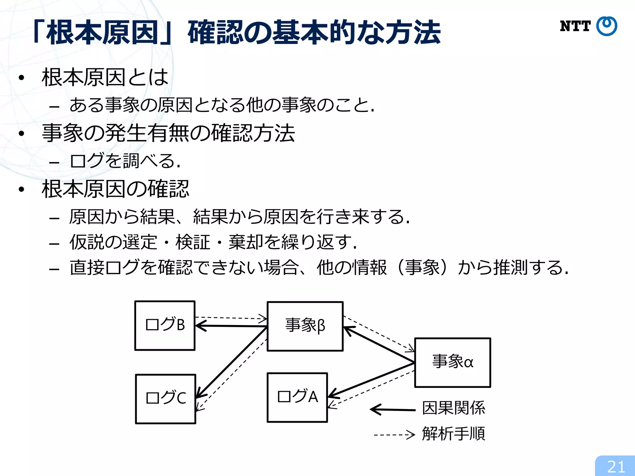 • 根本原因とは
– ある事象の原因となる他の事象のこと．
• 事象の発生有無の確認方法
– ログを調べる．
• 根本原因の確認
– 原因から結果、結果から原因を行き来する．
– 仮説の選定・検証・棄却を繰り返す．
– 直接ログを確認できない場合、他の情報（事象）から推測する．
21
「根本原因」確認の基本的な方法
ログB 事象β
事象α
ログC ログA
解析手順
因果関係
 
