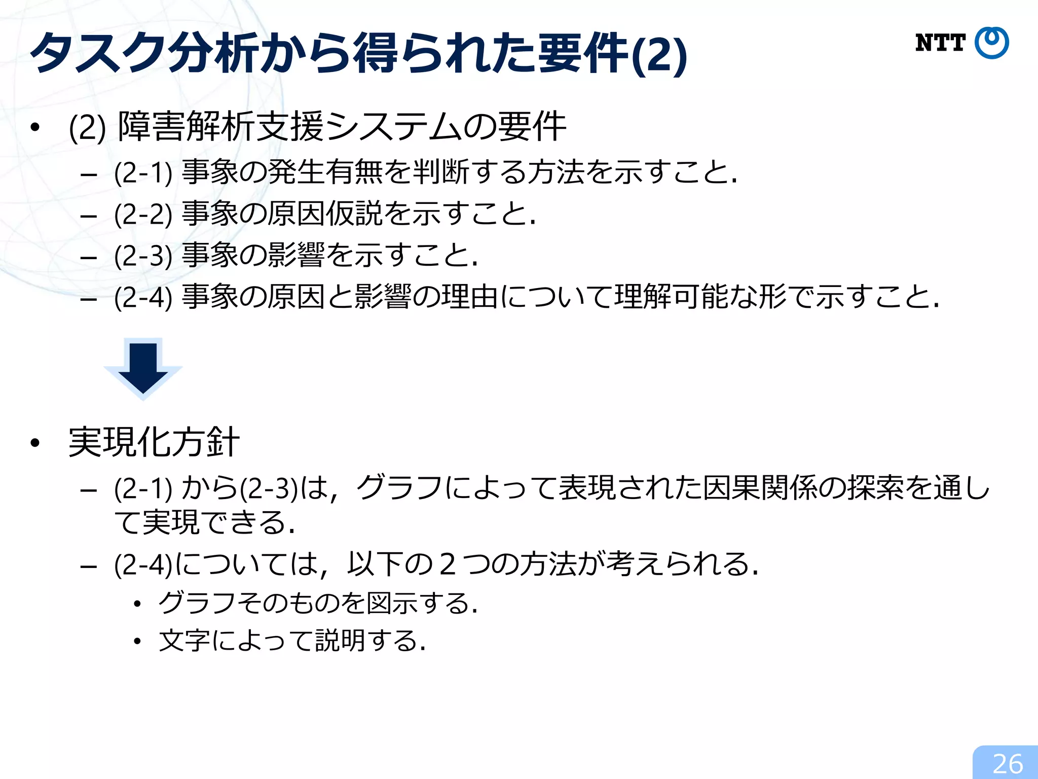 • (2) 障害解析支援システムの要件
– (2-1) 事象の発生有無を判断する方法を示すこと．
– (2-2) 事象の原因仮説を示すこと．
– (2-3) 事象の影響を示すこと．
– (2-4) 事象の原因と影響の理由について理解可能な形で示すこと．
• 実現化方針
– (2-1) から(2-3)は，グラフによって表現された因果関係の探索を通し
て実現できる．
– (2-4)については，以下の２つの方法が考えられる．
• グラフそのものを図示する．
• 文字によって説明する．
26
タスク分析から得られた要件(2)
 