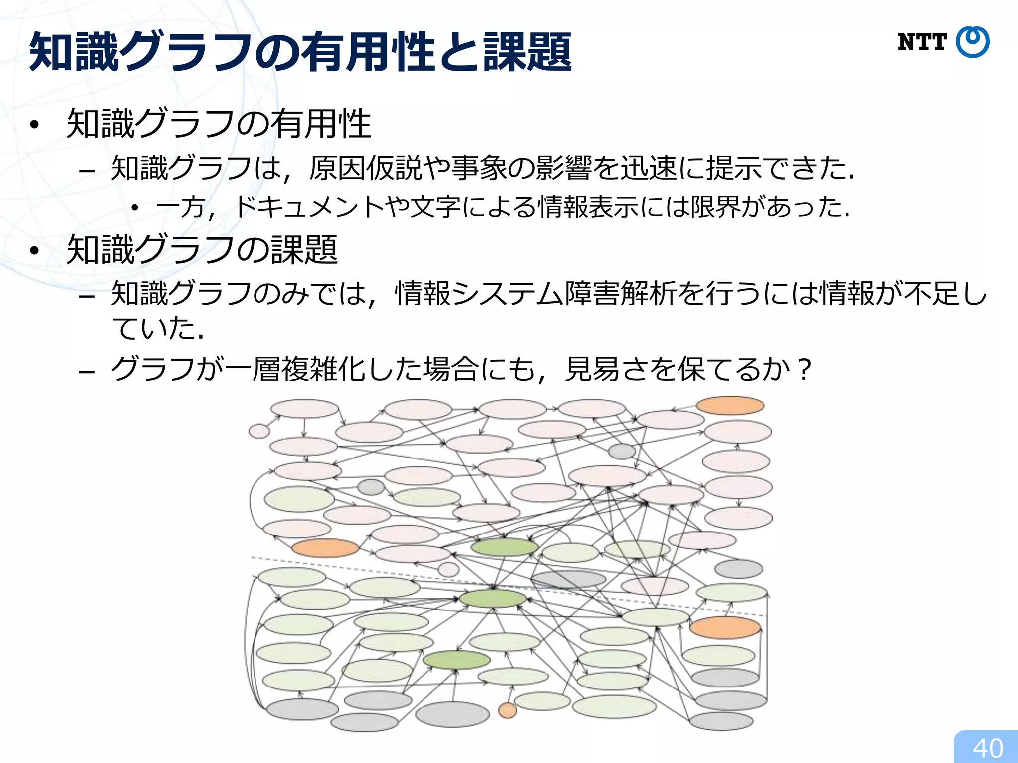 • 知識グラフの有用性
– 知識グラフは，原因仮説や事象の影響を迅速に提示できた．
• 一方，ドキュメントや文字による情報表示には限界があった．
• 知識グラフの課題
– 知識グラフのみでは，情報システム障害解析を行うには情報が不足し
ていた．
– グラフが一層複雑化した場合にも，見易さを保てるか？
40
知識グラフの有用性と課題
 