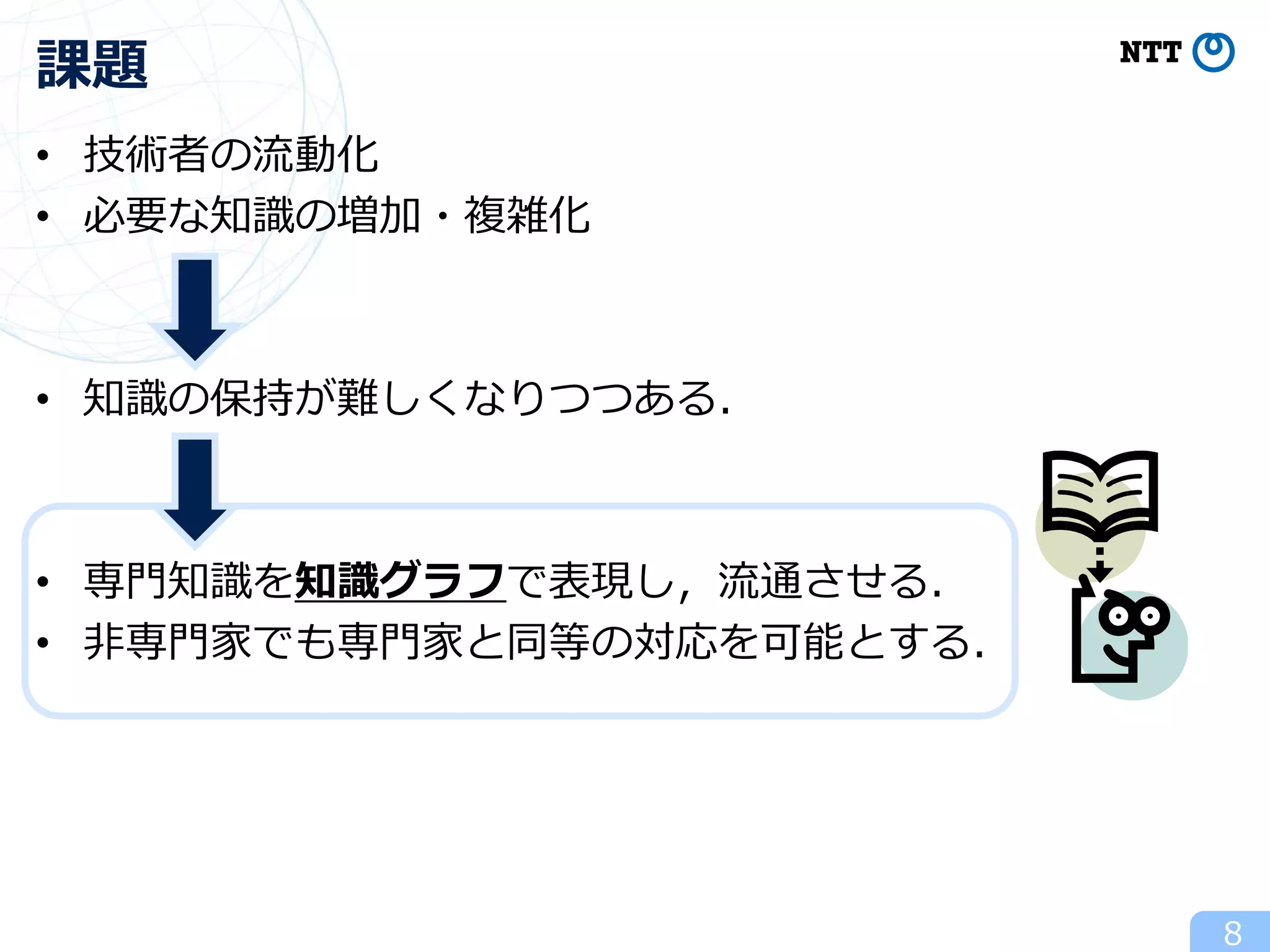 • 技術者の流動化
• 必要な知識の増加・複雑化
• 知識の保持が難しくなりつつある．
• 専門知識を知識グラフで表現し，流通させる．
• 非専門家でも専門家と同等の対応を可能とする．
8
課題
 