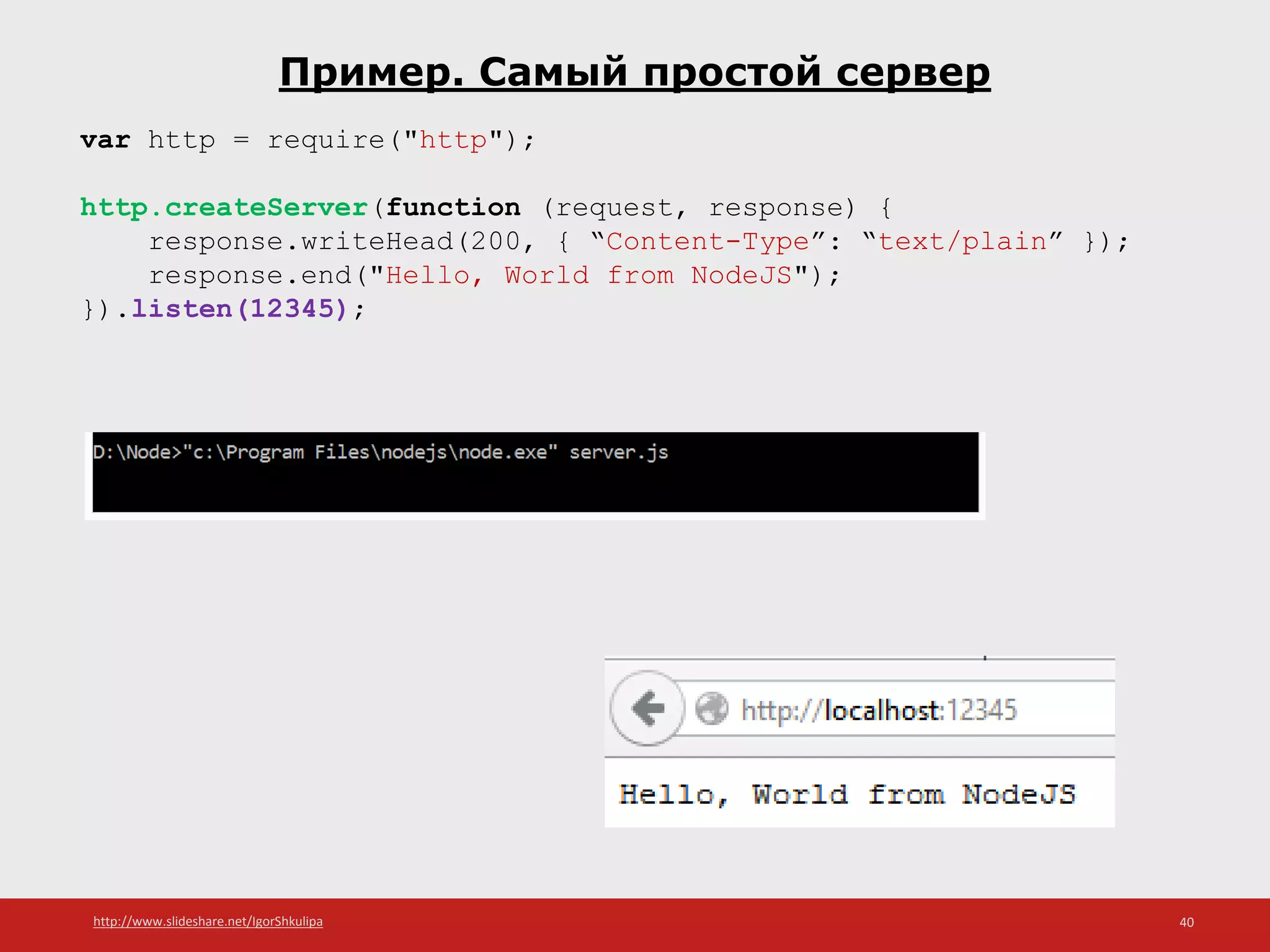http://www.slideshare.net/IgorShkulipa 40
Пример. Самый простой сервер
var http = require("http");
http.createServer(function (request, response) {
response.writeHead(200, { “Content-Type”: “text/plain” });
response.end("Hello, World from NodeJS");
}).listen(12345);
 