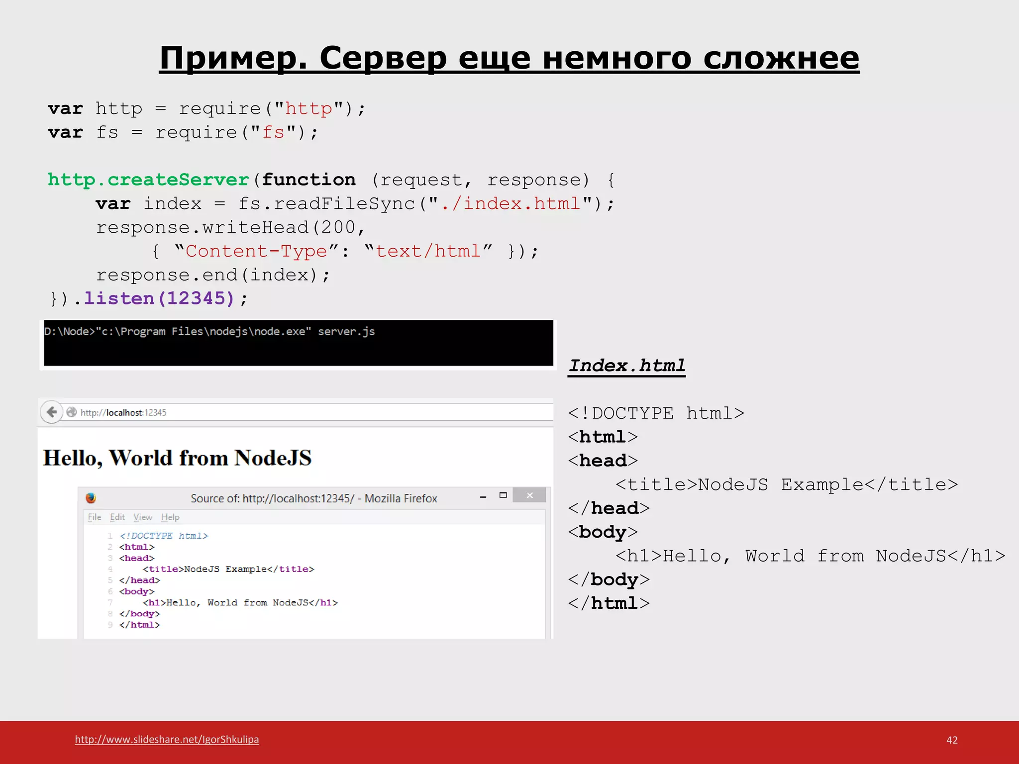 http://www.slideshare.net/IgorShkulipa 42
Пример. Сервер еще немного сложнее
var http = require("http");
var fs = require("fs");
http.createServer(function (request, response) {
var index = fs.readFileSync("./index.html");
response.writeHead(200,
{ “Content-Type”: “text/html” });
response.end(index);
}).listen(12345);
Index.html
<!DOCTYPE html>
<html>
<head>
<title>NodeJS Example</title>
</head>
<body>
<h1>Hello, World from NodeJS</h1>
</body>
</html>
 