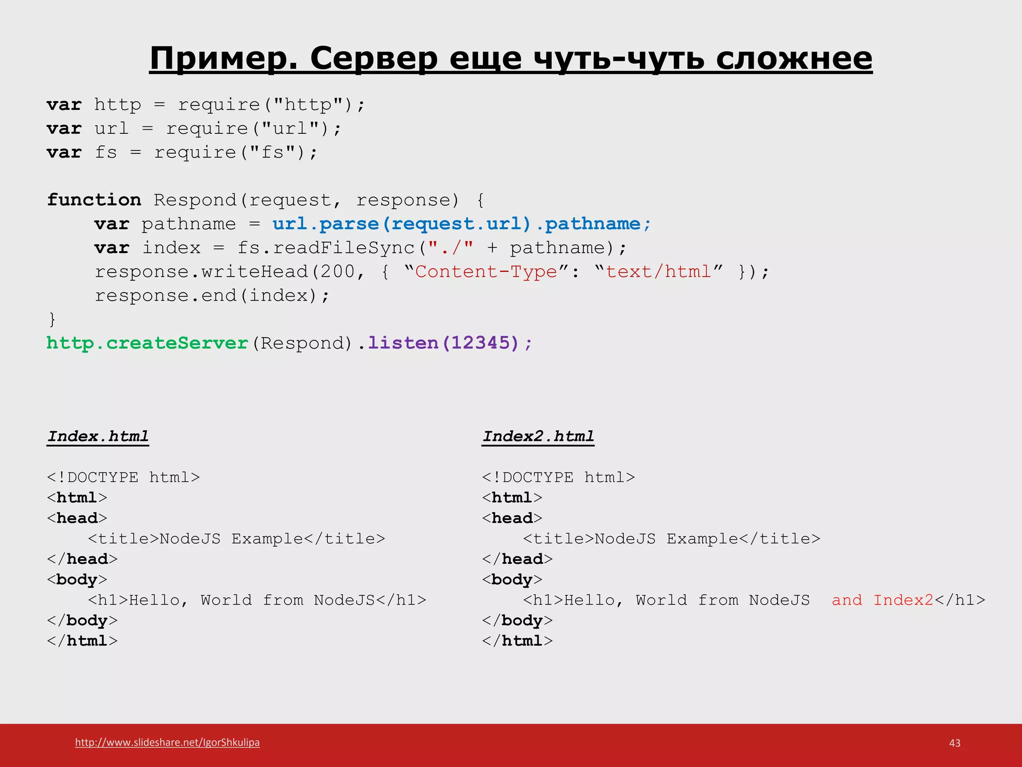 http://www.slideshare.net/IgorShkulipa 43
Пример. Сервер еще чуть-чуть сложнее
var http = require("http");
var url = require("url");
var fs = require("fs");
function Respond(request, response) {
var pathname = url.parse(request.url).pathname;
var index = fs.readFileSync("./" + pathname);
response.writeHead(200, { “Content-Type”: “text/html” });
response.end(index);
}
http.createServer(Respond).listen(12345);
Index.html
<!DOCTYPE html>
<html>
<head>
<title>NodeJS Example</title>
</head>
<body>
<h1>Hello, World from NodeJS</h1>
</body>
</html>
Index2.html
<!DOCTYPE html>
<html>
<head>
<title>NodeJS Example</title>
</head>
<body>
<h1>Hello, World from NodeJS and Index2</h1>
</body>
</html>
 