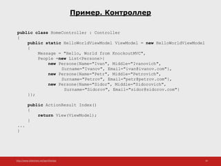http://www.slideshare.net/IgorShkulipa 34
Пример. Контроллер
public class HomeController : Controller
{
public static HelloWorldViewModel ViewModel = new HelloWorldViewModel
{
Message = "Hello, World from KnockoutMVC",
People =new List<Persone>{
new Persone{Name="Ivan", Middle="Ivanovich",
Surname="Ivanov", Email="ivan@ivanov.com"},
new Persone{Name="Petr", Middle="Petrovich",
Surname="Petrov", Email="petr@petrov.com"},
new Persone{Name="Sidor", Middle="Sidorovich",
Surname="Sidorov", Email="sidor@sidorov.com"}
}};
public ActionResult Index()
{
return View(ViewModel);
}
...
}
 