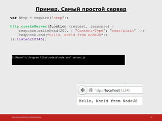 http://www.slideshare.net/IgorShkulipa 40
Пример. Самый простой сервер
var http = require("http");
http.createServer(function (request, response) {
response.writeHead(200, { “Content-Type”: “text/plain” });
response.end("Hello, World from NodeJS");
}).listen(12345);
 