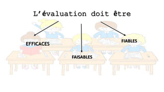L’évaluation doit être
EFFICACES
FAISABLES
FIABLES
 