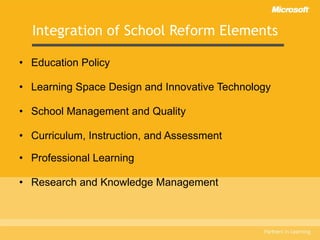 Integration of School Reform Elements Education Policy Learning Space Design and Innovative Technology School Management and Quality Curriculum, Instruction, and Assessment Professional Learning Research and Knowledge Management 