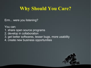 Why Should You Care? Erm... were you listening? You can: 1. share open source programs 2. develop in collaboration 3. get better softwares, lesser bugs, more usability 4. create new business opportunities 