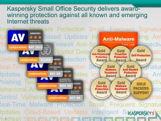 Real-Time Malware Protection Small, Frequent Signature Updates Cloud-Based Updates Intelligent Scanning Anti-PhishingTwo-Way Firewall Anti-Spam; Safe Run Proactive Behavioral Analysis Rootkit Detection Advanced Application Control Vulnerability Detection Urgent Detection System Real-Time Malware Protection Small, Frequent Signature Updates Cloud-Based Updates Intelligent Scanning Anti-Phishing Two-Way Firewall Anti-SpamSafe Run Proactive Behavioral Analysis Rootkit Detection Advanced Application Control Vulnerability Detection Urgent Detection SystemReal-Time Malware Protection Small, Frequent Signature Updates Cloud-Based Updates Intelligent Scanning Anti-Phishing Two-Way Firewall Anti-Spam Safe Run Proactive Behavioral AnalKaspersky Small Office Security delivers award-winning protection against all known and emerging Internet threats6