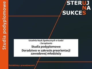 Kształcimy z pracodawcami
Uczelnia Nauk Społecznych w Łodzi
- Zarządzanie -
Studia podyplomowe
Doradztwo w zakresie preorientacji
zawodowej młodzieży
 