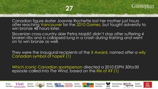 27
Canadian figure skater Joannie Rochette lost her mother just hours
after reaching Vancouver for the 2010 Games, but fought adversity to
win bronze 48 hours later.
Slovenian cross-country skier Petra Majdič didn’t stop after suffering 4
broken ribs and a collapsed lung in a crash during training and went
on to win bronze as well.
They were the inaugural recipients of the X Award, named after a wily
Canadian symbol of hope? (1)
Which iconic Canadian sportsperson directed a 2010 ESPN 30for30
episode called Into The Wind, based on the life of X? (1)
 