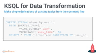 KSQL for Data Transformation
CREATE STREAM views_by_userid
WITH (PARTITIONS=6,
VALUE_FORMAT=‘JSON’,
TIMESTAMP=‘view_time’) AS  
SELECT * FROM clickstream PARTITION BY user_id;
Make simple derivations of existing topics from the command line
 