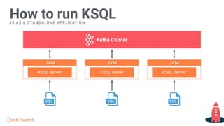 How to run KSQL
Kafka Cluster
JVM
KSQL Server
JVM
KSQL Server
JVM
KSQL Server
#3 AS A STANDALONE APPLICATION
 