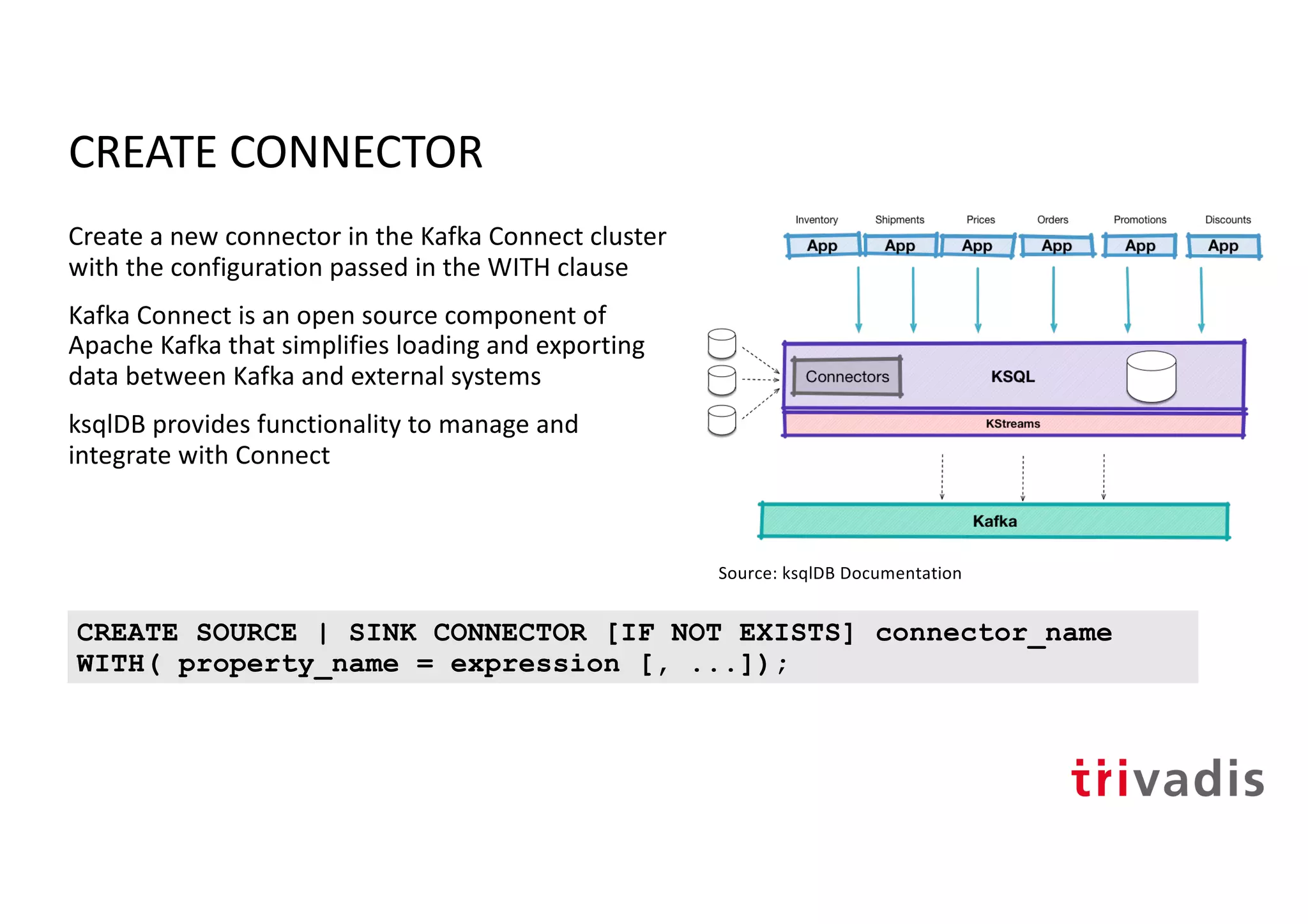 CREATE CONNECTOR
Create a new connector in the Kafka Connect cluster
with the configuration passed in the WITH clause
Kafka Connect is an open source component of
Apache Kafka that simplifies loading and exporting
data between Kafka and external systems
ksqlDB provides functionality to manage and
integrate with Connect
CREATE SOURCE | SINK CONNECTOR [IF NOT EXISTS] connector_name
WITH( property_name = expression [, ...]);
Source: ksqlDB Documentation
 