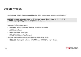 CREATE STREAM
Create a new stream, backed by a Kafka topic, with the specified columns and properties
Supported column data types:
• BOOLEAN, INTEGER, BIGINT, DOUBLE, VARCHAR or STRING
• ARRAY<ArrayType>
• MAP<VARCHAR, ValueType>
• STRUCT<FieldName FieldType, ...>
Supports the following serialization formats: CSV, JSON, AVRO
• KSQL adds the implicit columns ROWTIME and ROWKEY to every stream
CREATE STREAM stream_name ( { column_name data_type } [, ...] )
WITH ( property_name = expression [, ...] );
19
 