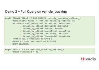 Demo 2 – Pull Query on vehicle_tracking
ksql> CREATE TABLE IF NOT EXISTS vehicle_tracking_refined_t
WITH (kafka_topic = 'vehicle_tracking_refined_t’)
AS SELECT CAST(vehicleId AS BIGINT) vehicleId
, latest_by_offset(driverId) driverId
, latest_by_offset(source) source
, latest_by_offset(eventType) eventType
, latest_by_offset(latitude) latitude
, latest_by_offset(longitude) longitude
FROM vehicle_tracking_refined_s
GROUP BY CAST(vehicleId AS BIGINT)
EMIT CHANGES;
ksql> SELECT * FROM vehicle_tracking_refined_t
WHERE vehicleId = 42;
 