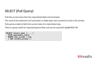 SELECT (Pull Query)
Pulls the current value from the materialized table and terminates
The result of this statement isn't persisted in a Kafka topic and is printed out only in the console
Pull queries enable to fetch the current state of a materialized view
They're a great match for request/response flows and can be used with ksqlDB REST API
SELECT select_expr [, ...]
FROM aggregate_table
WHERE key_column = key
[ AND window_bounds ];
 