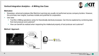 Karlsruhe Service Research Institute
www.ksri.kit.edu
Vertical Integration Analytics – A Milling Use Case
Motivation
 Nowadays, advanced analyses (like Machine Learning) are usually not performed across company borders. However,
this promises new insights, business models and potential for cooperation.
 Use case:
 Tool life in Milling operations varies for theoretically identical processes. Can this be explained by combining data
from tool producer and customer?
 How can benefit be realized when respecting the intellectual property of tool producer and customer?
Method / Approach
20
Tool Life
Information
Customer
Information
about workpiece
and process
Information
about tool
Tool producer
Model
 