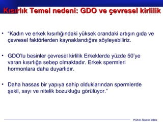 Prof.Dr. İbrahim USLU
• “Kadın ve erkek kısırlığındaki yüksek orandaki artışın gıda ve
çevresel faktörlerden kaynaklandığını söyleyebiliriz.
• GDO’lu besinler çevresel kirlilik Erkeklerde yüzde 50’ye
varan kısırlığa sebep olmaktadır. Erkek spermleri
hormonlara daha duyarlıdır.
• Daha hassas bir yapıya sahip olduklarından spermlerde
şekil, sayı ve nitelik bozukluğu görülüyor.”
Kısırlık Temel nedeni: GDO ve çevresel kirlilikKısırlık Temel nedeni: GDO ve çevresel kirlilik
 