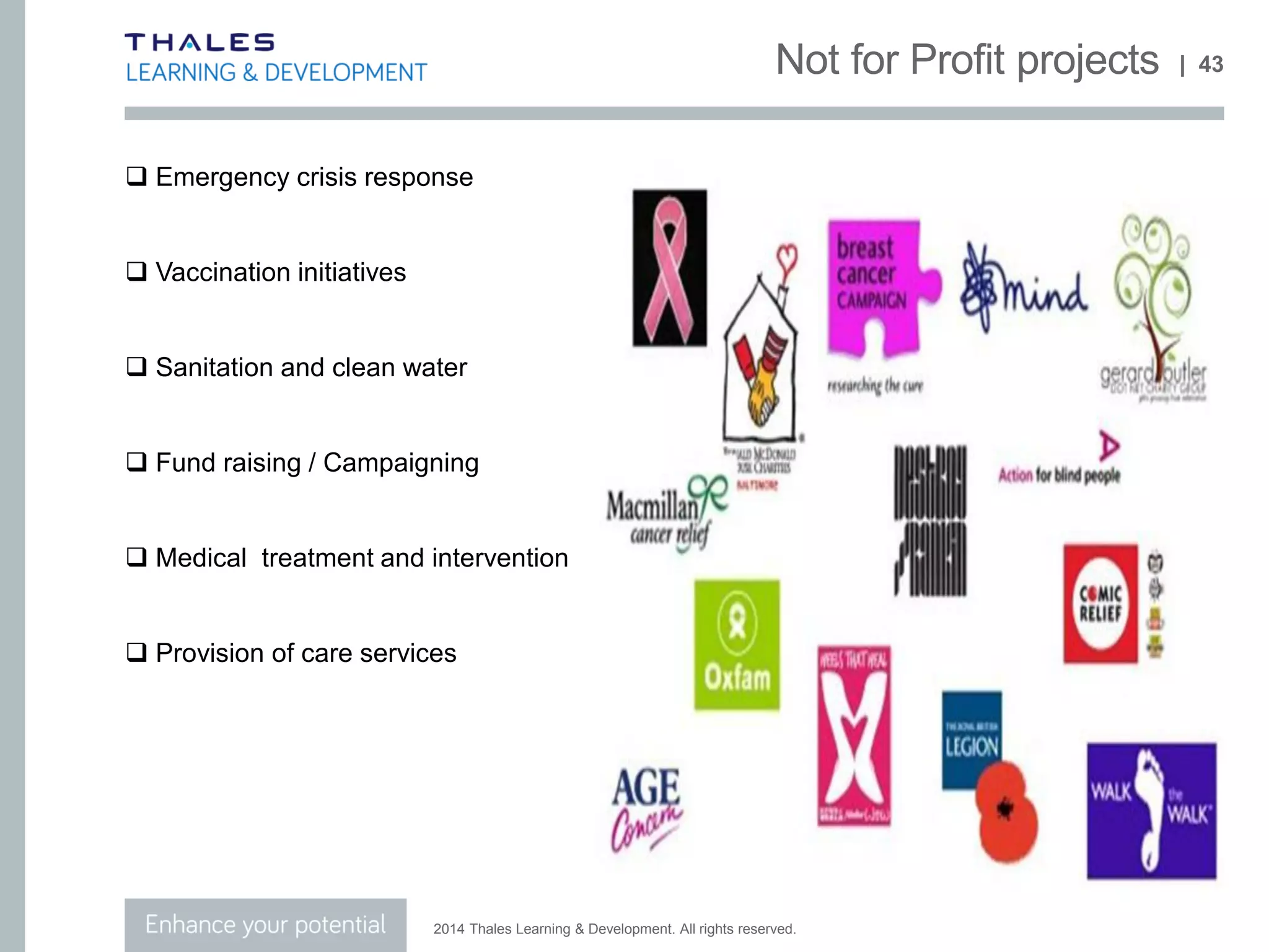 Delivery Solutions
 Presentations
 Exercises (individual / group)
 Case study walkthrough
 Computer based simulation
 Quizzes
 Gamification
 Pre learning
 Homework assignments
 Mock exams
 Workshops
 One to One Coaching
| 43
 
