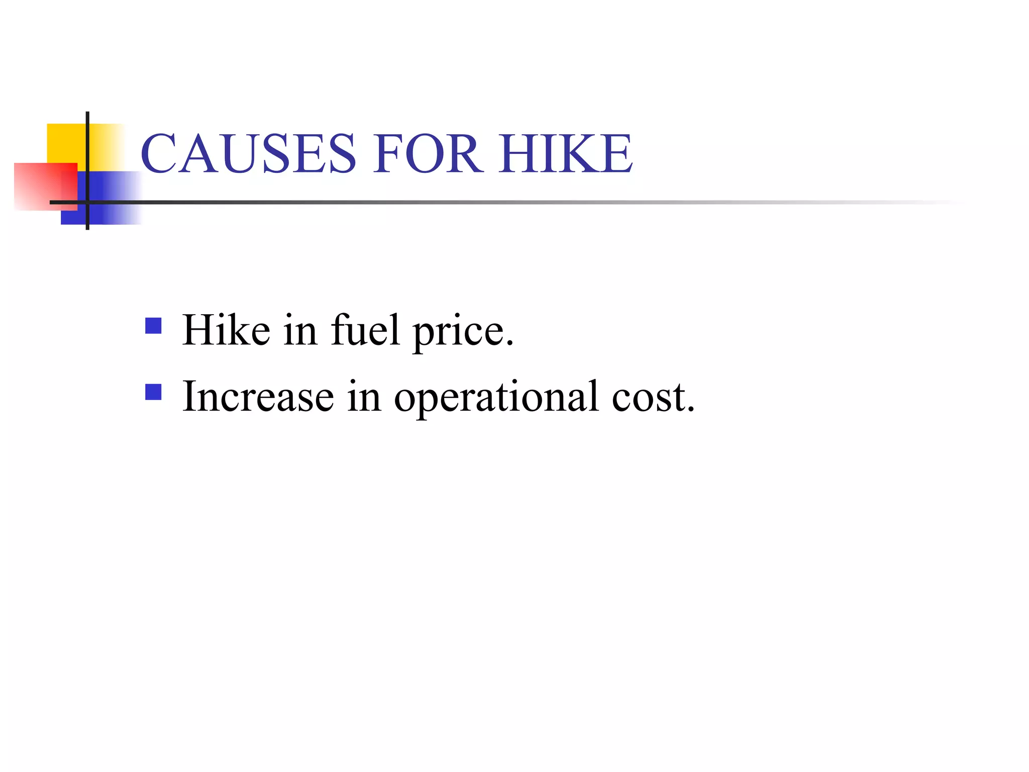 CAUSES FOR HIKE Hike in fuel price. Increase in operational cost. 