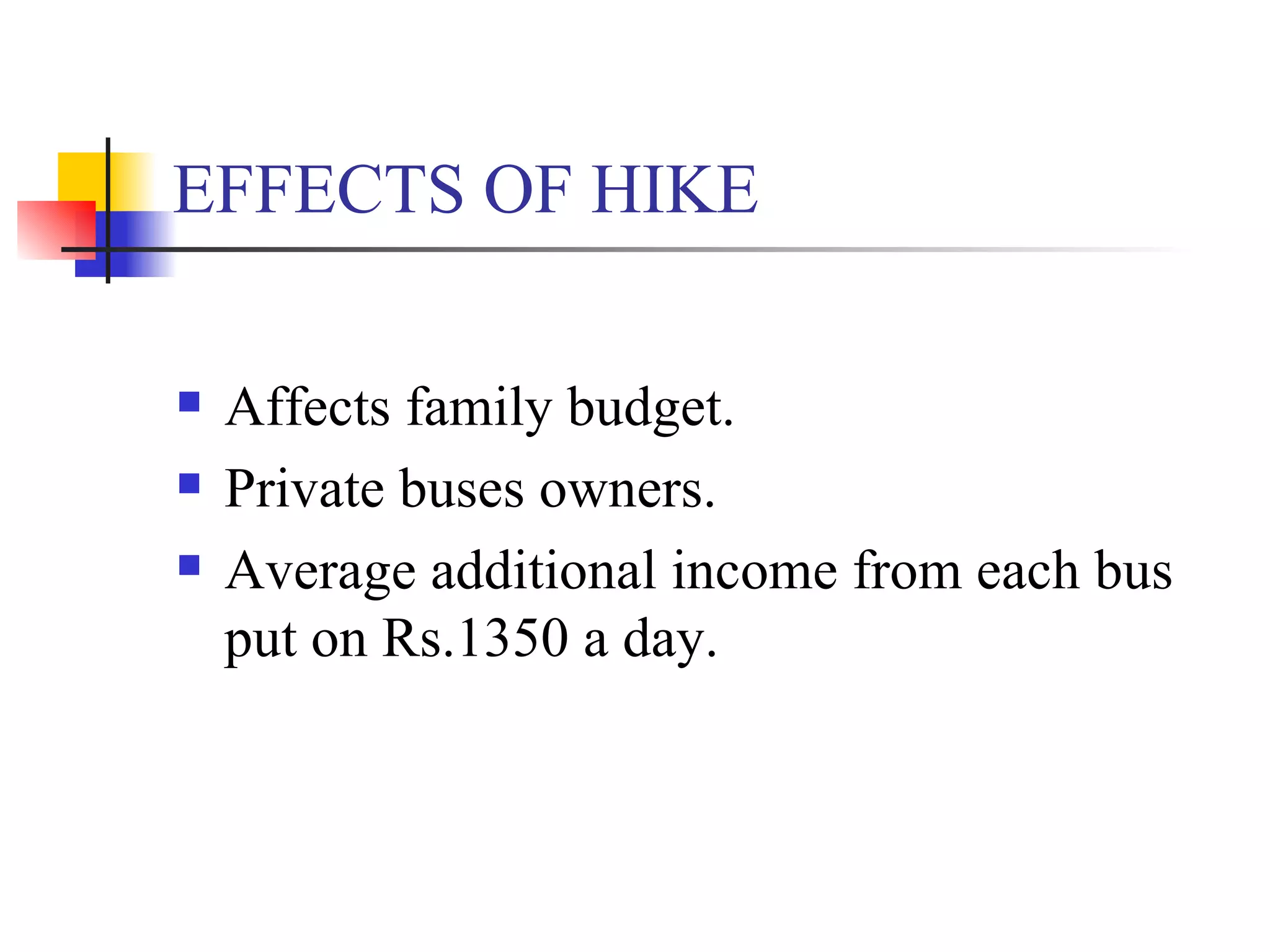 EFFECTS OF HIKE Affects family budget. Private buses owners. Average additional income from each bus put on Rs.1350 a day. 