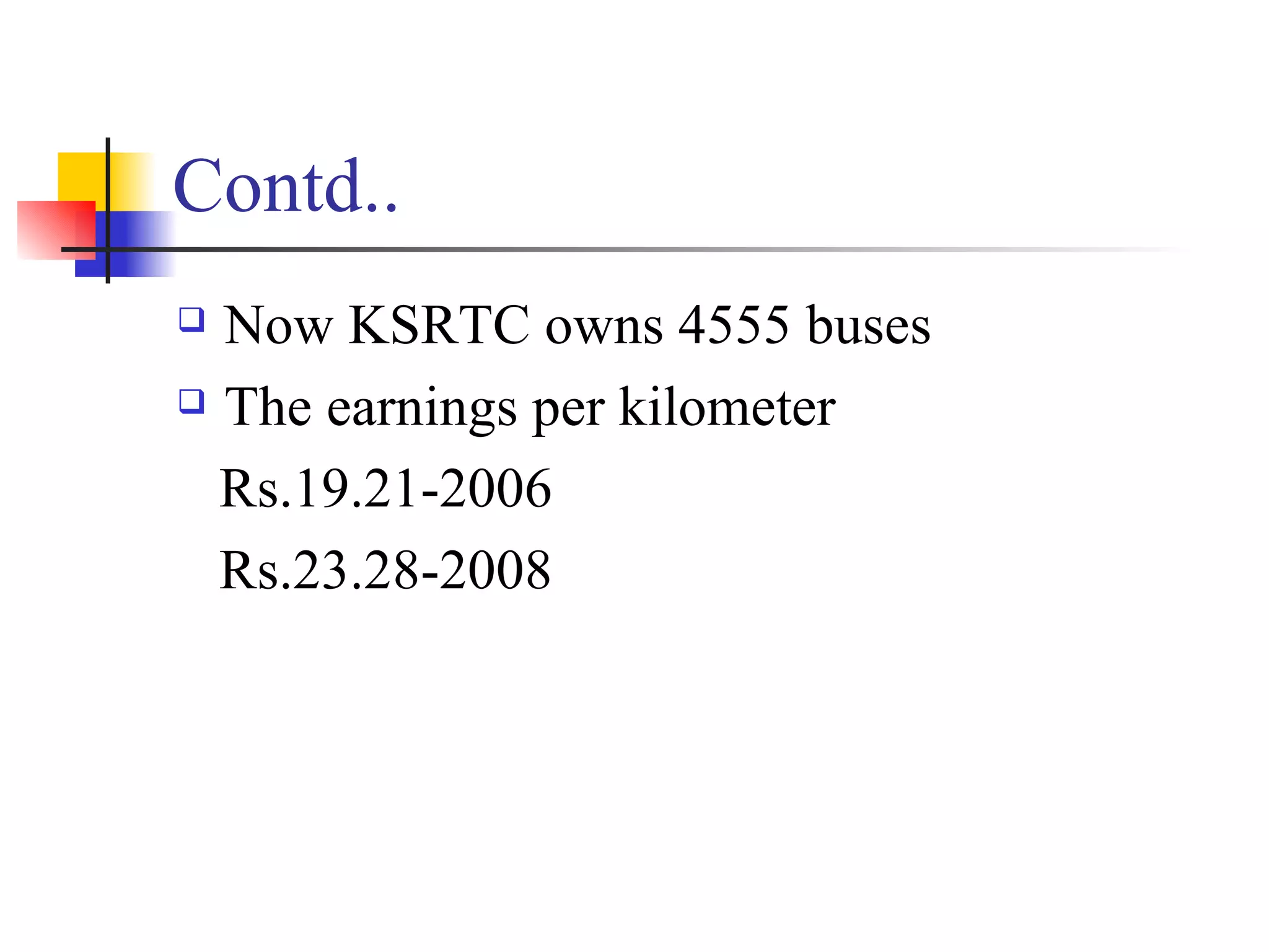 Contd.. Now KSRTC owns 4555 buses The earnings per kilometer Rs.19.21-2006 Rs.23.28-2008 