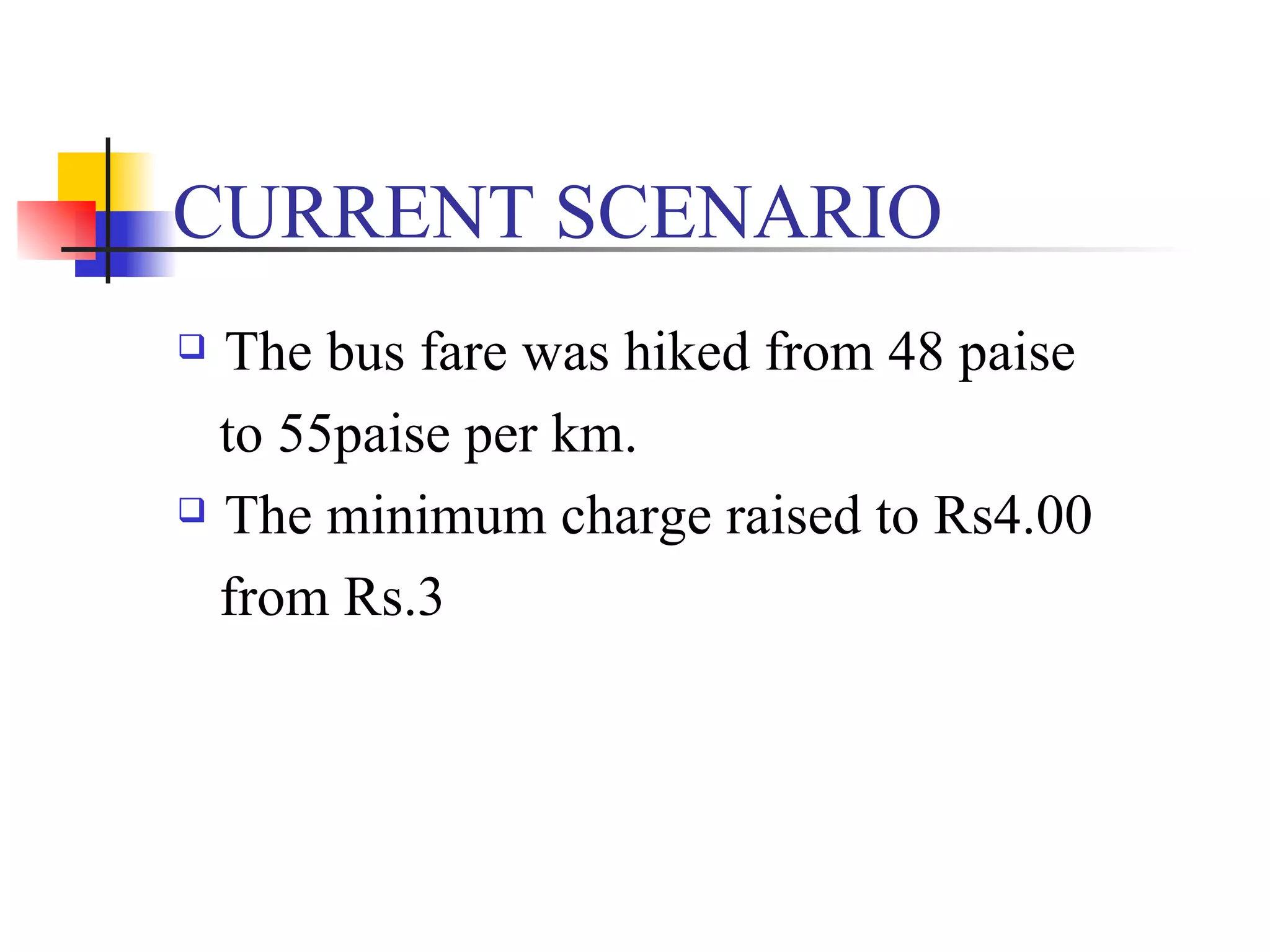 CURRENT SCENARIO The bus fare was hiked from 48 paise to 55paise per km. The minimum charge raised to Rs4.00 from Rs.3  