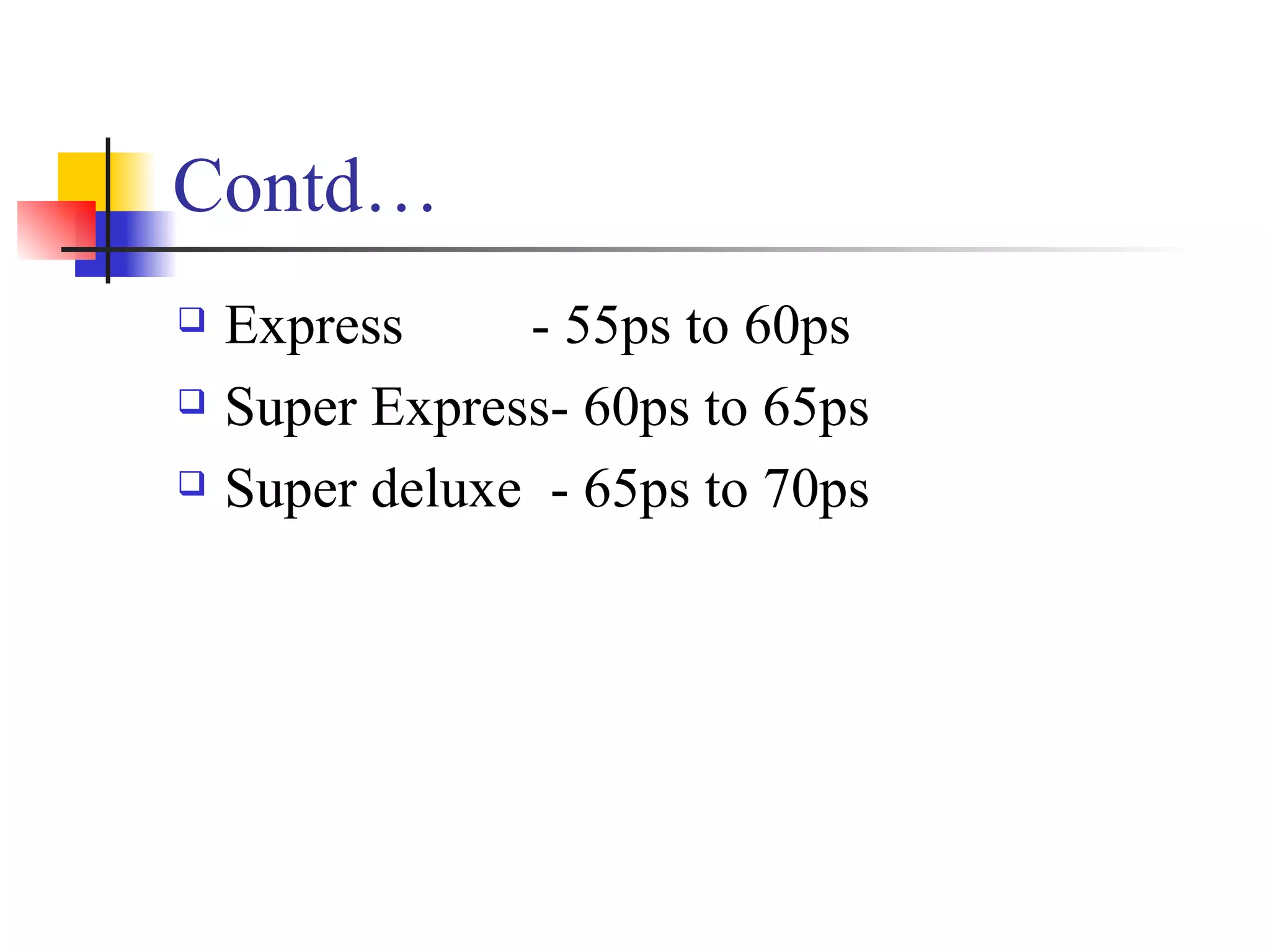 Contd… Express  - 55ps to 60ps Super Express- 60ps to 65ps Super deluxe  - 65ps to 70ps 