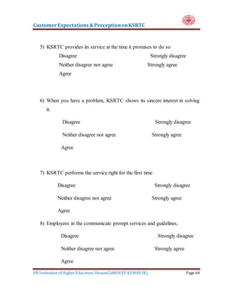 Customer Expectations & PerceptiononKSRTC
HR Institution of Higher Education, Hassan(SANDEEP KUMAR SK) Page 64
5) KSRTC provides its service at the time it promises to do so
Disagree Strongly disagree
Neither disagree nor agree Strongly agree
Agree
6) When you have a problem, KSRTC shows its sincere interest in solving
it.
Disagree Strongly disagree
Neither disagree nor agree Strongly agree
Agree
7) KSRTC performs the service right for the first time
Disagree Strongly disagree
Neither disagree nor agree Strongly agree
Agree
8) Employees in the communicate prompt services and guidelines,
Disagree Strongly disagree
Neither disagree nor agree Strongly agree
Agree
 