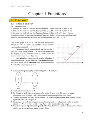 CHAPTER 1 FUNCTIONS
1
Chapter 1 Functions
1.1 Functions
1.1.1 What is a function?
Let’s take an example.
If the radius of a circle is 2 cm, then the circumference, C of the circle is C = 2πr = 4π cm.
If the radius of a circle is 4 cm, then the circumference, C of the circle is C = 2πr = 8π cm.
If the radius of a circle is 5 cm, then the circumference, C of the circle is C = 2πr = 10π cm.
From this example, we know that the radius of a circle will affect the circumference of the circle;
therefore, the circumference of a circle is a function of radius, such that C = 2πr.
A relation can be represented by an arrow diagram as shown below.
1. f is a function from set X to set Y .
2. The element in set X is known as object, whereas the element in set Y is known as image.
Note that the term “preimage” is in common usage in math instead of the term “object”.
3. Example, the element 3 in set X and the element 1 in set Y correspond to each other whereby 3 is the
object of 1 and 1 is the image of 3.
4. Any element x in set X that is mapped to one element y in set Y by a function is written in function
notation as 𝒇 ∶ 𝒙 → 𝒚 or 𝒇(𝒙) = 𝒚 , where x is the object and y is the image.
5. A function maps an object to an image only. Therefore, the relation is called a function if the relation
is either one-to-one relation or many- to-one relation.
3
5
8
1
3
6
Set X Set Y
Look at the graph of y = x − 2 on the right. The relation
between the value of 3 on the x-axis and the value of 1 on the
y-axis can be written as 3 → 1.
We can say that 3 is mapped to 1, and likewise for 5
→ 3 and 8 → 6. Every point (x, y) on the line corresponds to
the mapping of x → y where the values of x on the x-axis are
mapped to the values of y on the y-axis.
A relation from x-axis to y-axis is called a function if
each element in the x-axis is related to exactly one element in
the y-axis. Hence, this is a function since each element from
X is related to only one element in Y.
(3,1)
(5,3)
(8,6)
 