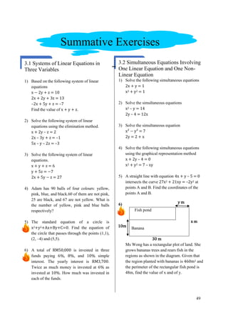 49
Summative Exercises
3.1 Systems of Linear Equations in
Three Variables
1) Based on the following system of linear
equations
x − 2y + z = 10
2x + 2y + 3z = 13
–2x + 5y + z = –7
Find the value of x + y + z.
2) Solve the following system of linear
equations using the elimination method.
x + 2y – z = 2
2x – 3y + z = –1
5x – y – 2z = –3
3) Solve the following system of linear
equations.
x + y + z = 6
2 y + 5z = −7
2x + 5y − z = 27
4) Adam has 90 balls of four colours: yellow,
pink, blue, and black.60 of them are not pink,
25 are black, and 67 are not yellow. What is
the number of yellow, pink and blue balls
respectively?
5) The standard equation of a circle is
x2+y2+Ax+By+C=0. Find the equation of
the circle that passes through the points (1,1),
(2, –4) and (5,5).
6) A total of RM50,000 is invested in three
funds paying 6%, 8%, and 10% simple
interest. The yearly interest is RM3,700.
Twice as much money is invested at 6% as
invested at 10%. How much was invested in
each of the funds.
3.2 Simultaneous Equations Involving
One Linear Equation and One Non-
Linear Equation
1) Solve the following simultaneous equations
2x + y = 1
x2 + y2 = 1
2) Solve the simultaneous equations
x2 – y = 14
2y – 4 = 12x
3) Solve the simultaneous equation
x² − y² = 7
2y = 2 + x
4) Solve the following simultaneous equations
using the graphical representation method
x + 2y – 4 = 0
x2 + y2 = 7 – xy
5) A straight line with equation 4x + y – 5 = 0
intersects the curve 27x2 + 21xy = –2y2 at
points A and B. Find the coordinates of the
points A and B.
6)
Fish pond
Banana
30 m
Ms Wong has a rectangular plot of land. She
grows bananas trees and rears fish in the
regions as shown in the diagram. Given that
the region planted with bananas is 460m2 and
the perimeter of the rectangular fish pond is
48m, find the value of x and of y.
x m
10m
y m
 