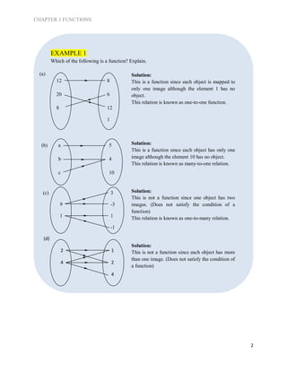 CHAPTER 1 FUNCTIONS
2
(b) a 5
b 4
c 10
EXAMPLE 1
Which of the following is a function? Explain.
(a)
12 8
20 6
8 12
1
Solution:
This is a function since each object is mapped to
only one image although the element 1 has no
object.
This relation is known as one-to-one function.
Solution:
This is a function since each object has only one
image although the element 10 has no object.
This relation is known as many-to-one relation.
Solution:
This is not a function since one object has two
images. (Does not satisfy the condition of a
function)
This relation is known as one-to-many relation.
Solution:
This is not a function since each object has more
than one image. (Does not satisfy the condition of
a function)
This relation is known as many-to-many relation.
(c) 3
9 -3
1 1
-1
(d)
2 1
4 2
4
 